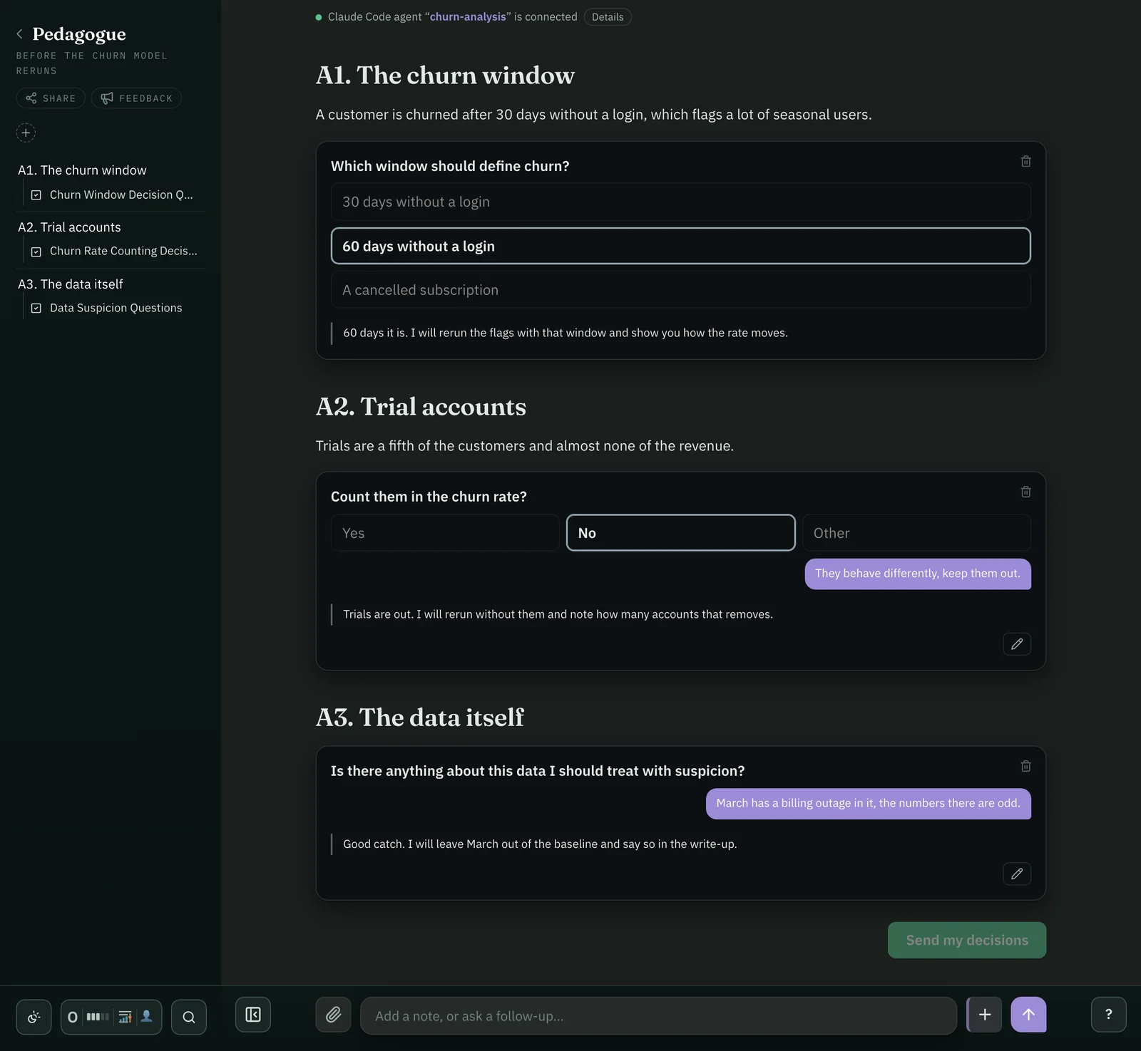 A journey the connected agent wrote, as a work list: a choice, a yes-no and an open question, each answered, with the agent's reply under every answer and one Send button at the end.