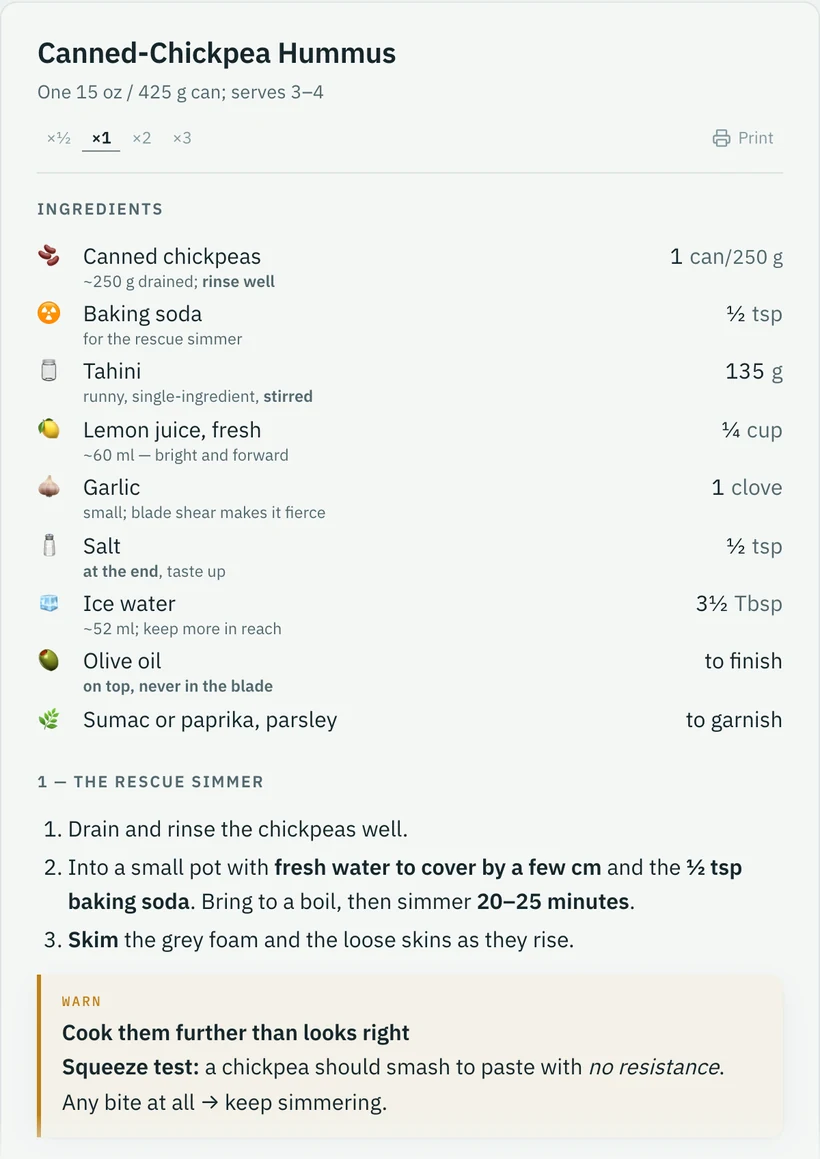 A recipe card for canned-chickpea hummus: scale and print buttons, the ingredients, and the first steps of the method