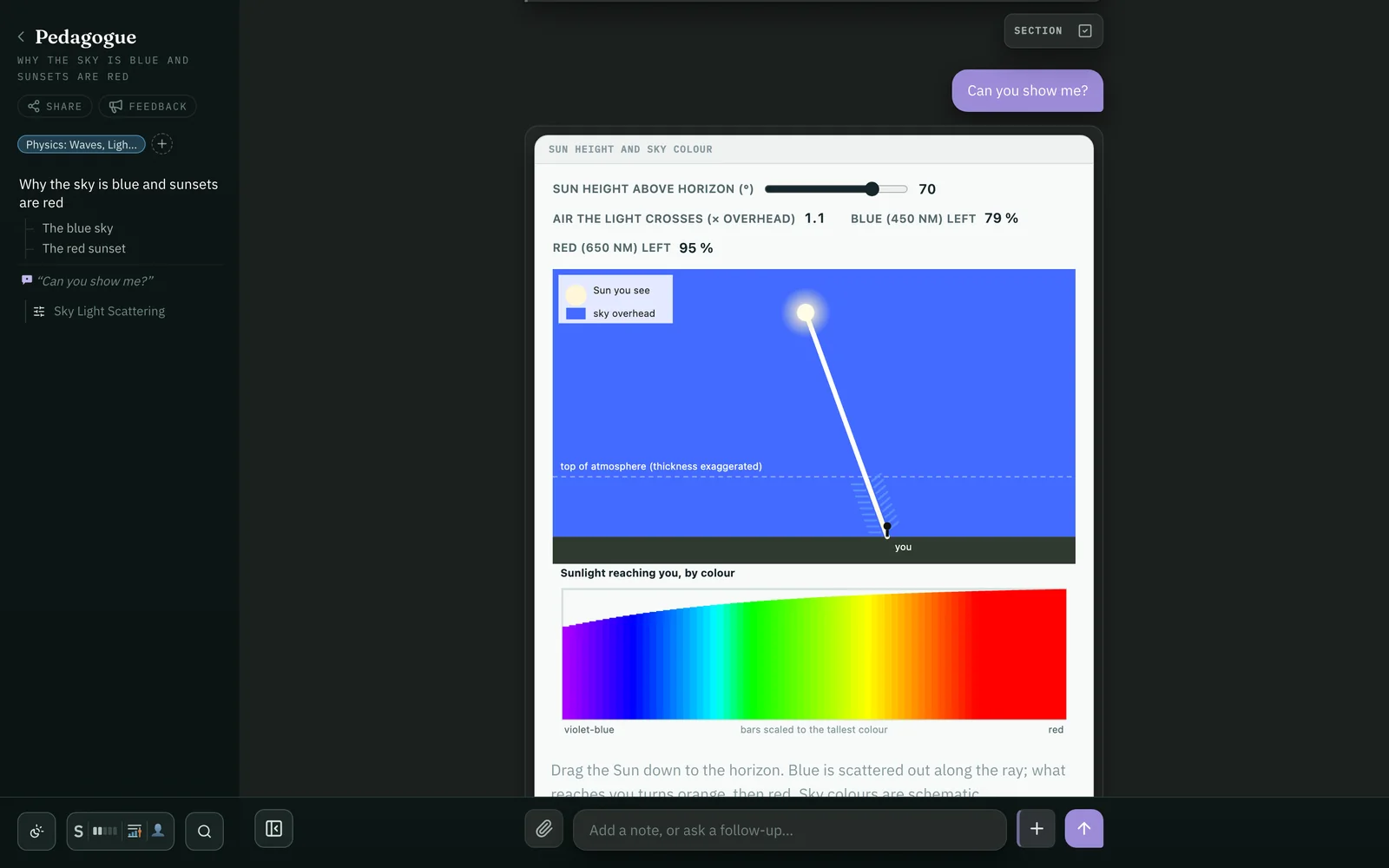 Chat mode at Full fidelity: the learner asks to be shown, and the answer adds an interactive figure of sunlight crossing the atmosphere, with a slider for the sun's height.