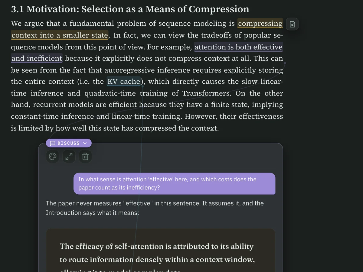 A paragraph of the Mamba paper with a highlight, a Define mark and a Discuss mark, and the Discuss card open beneath it: the learner asks in what sense attention is 'effective', and the answer opens with a quotation from the paper's introduction.