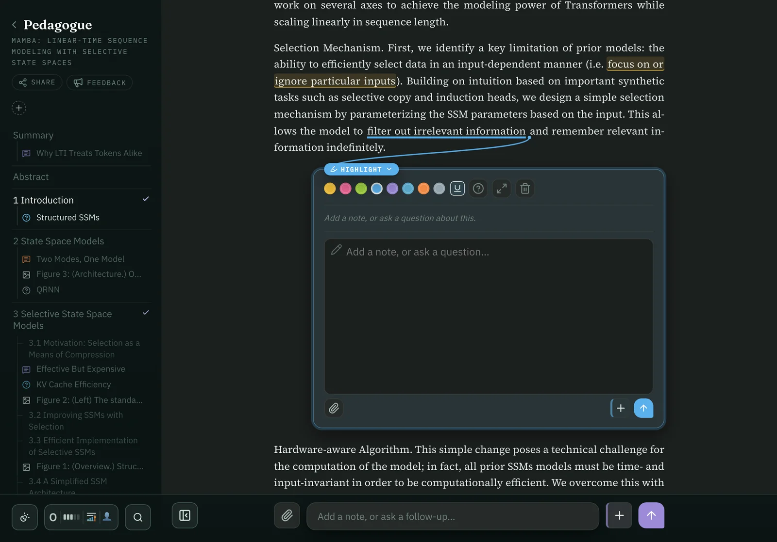 The Mamba paper on an iPad: two phrases in the Introduction marked with the Pencil, one in an amber wash and one underlined in blue, the underlined one's card open on a large, empty writing space with a faint pencil in its corner.