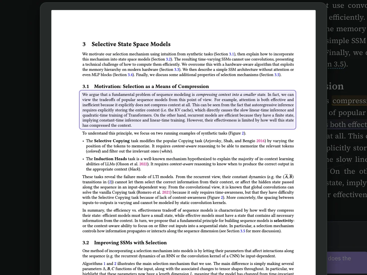 Show in PDF: page 5 of the original Mamba PDF, with the paragraph being read outlined.