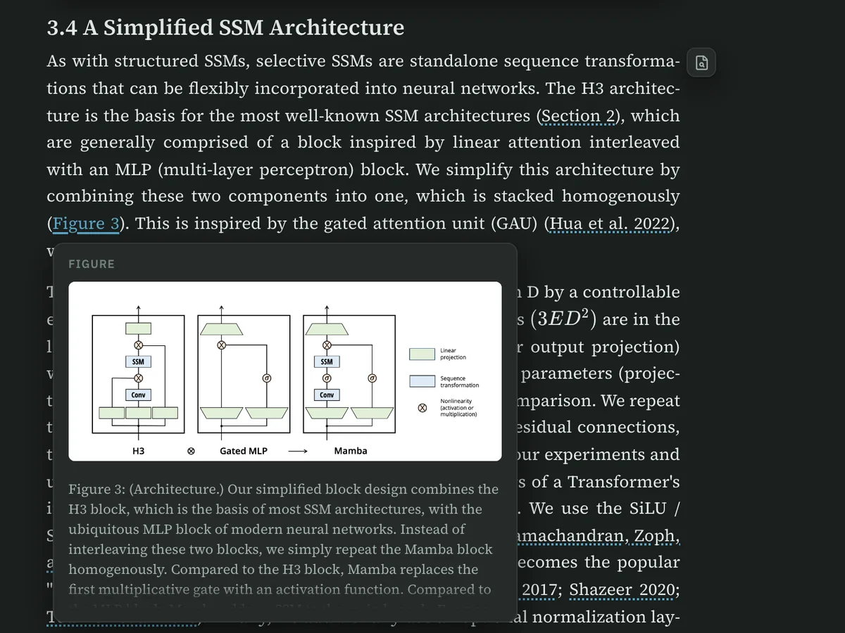 Hovering 'Figure 3' in section 3.4 of the Mamba paper shows the figure and its caption over the text.