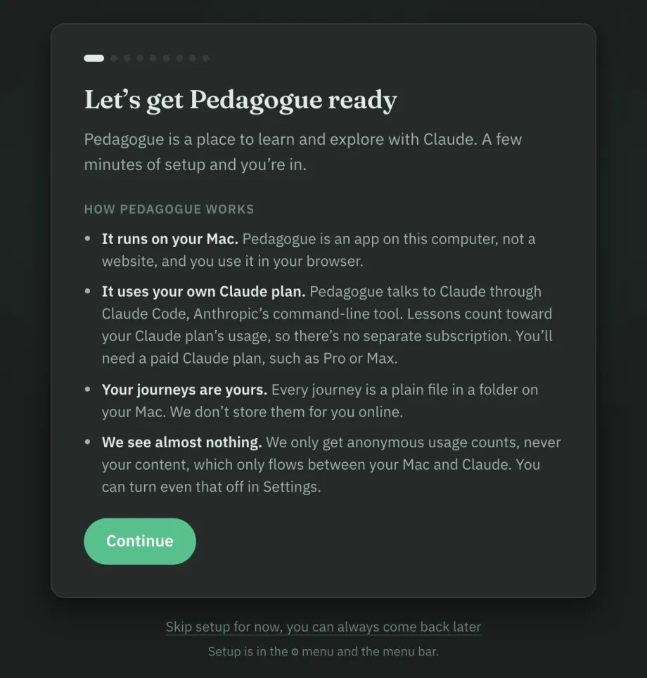 Pedagogue's setup page in the browser, which opens on how Pedagogue works.